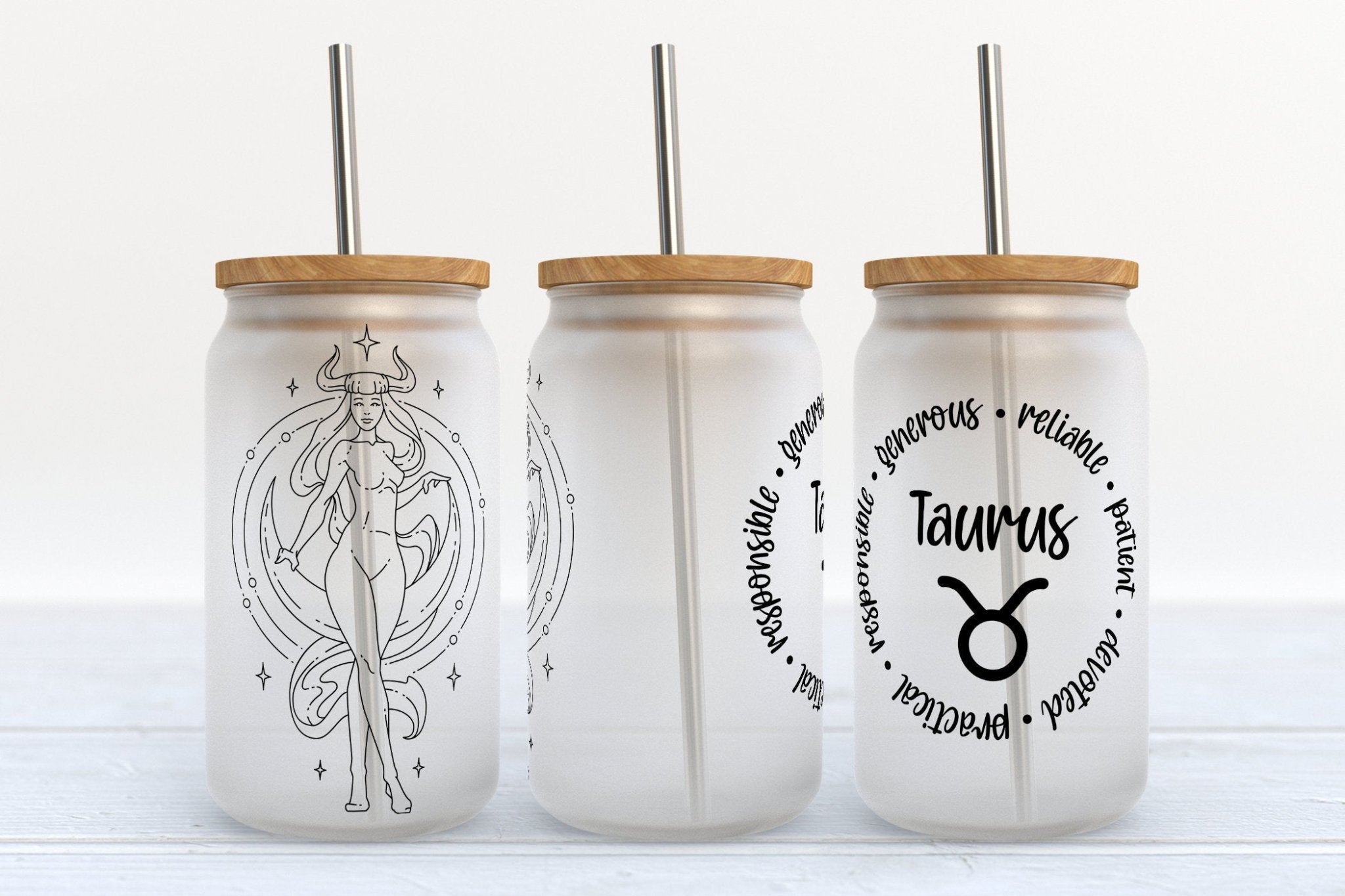 Taurus Zodiac Astrology design on 16oz Libby glass beer can cup with straw and bamboo lids options