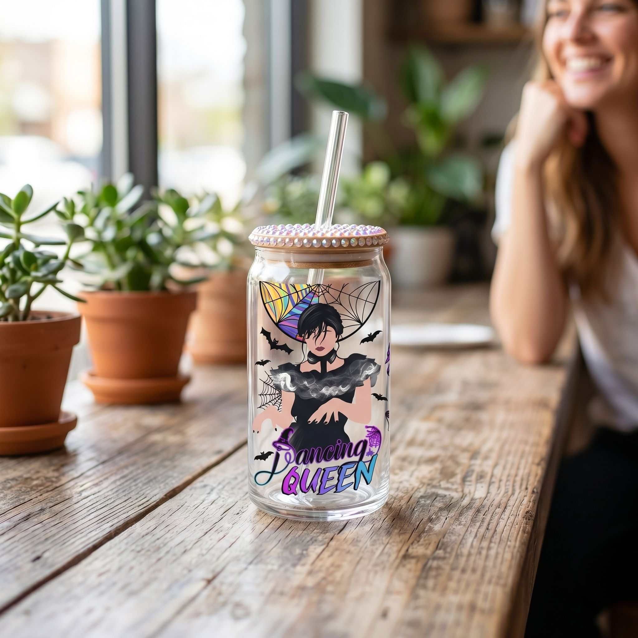 16 oz Libby glass beer can cup with sublimated design on wooden table, natural light, casual outdoor setting