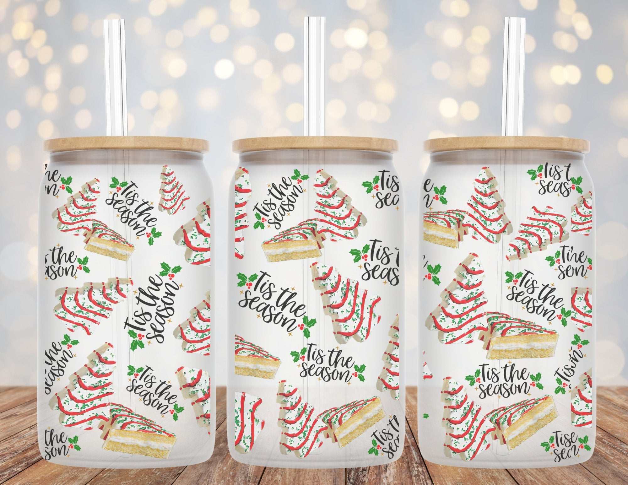 Little Debbie Christmas Tree 16oz Libby Glass Beer Can Cup with straw and bamboo lid options