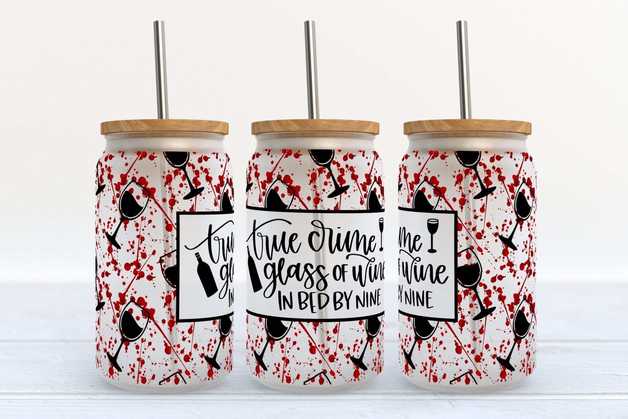 Libby Glass Beer Can Cup 16oz with True Crime, Glass Of Wine, and Bed design and bamboo lid options