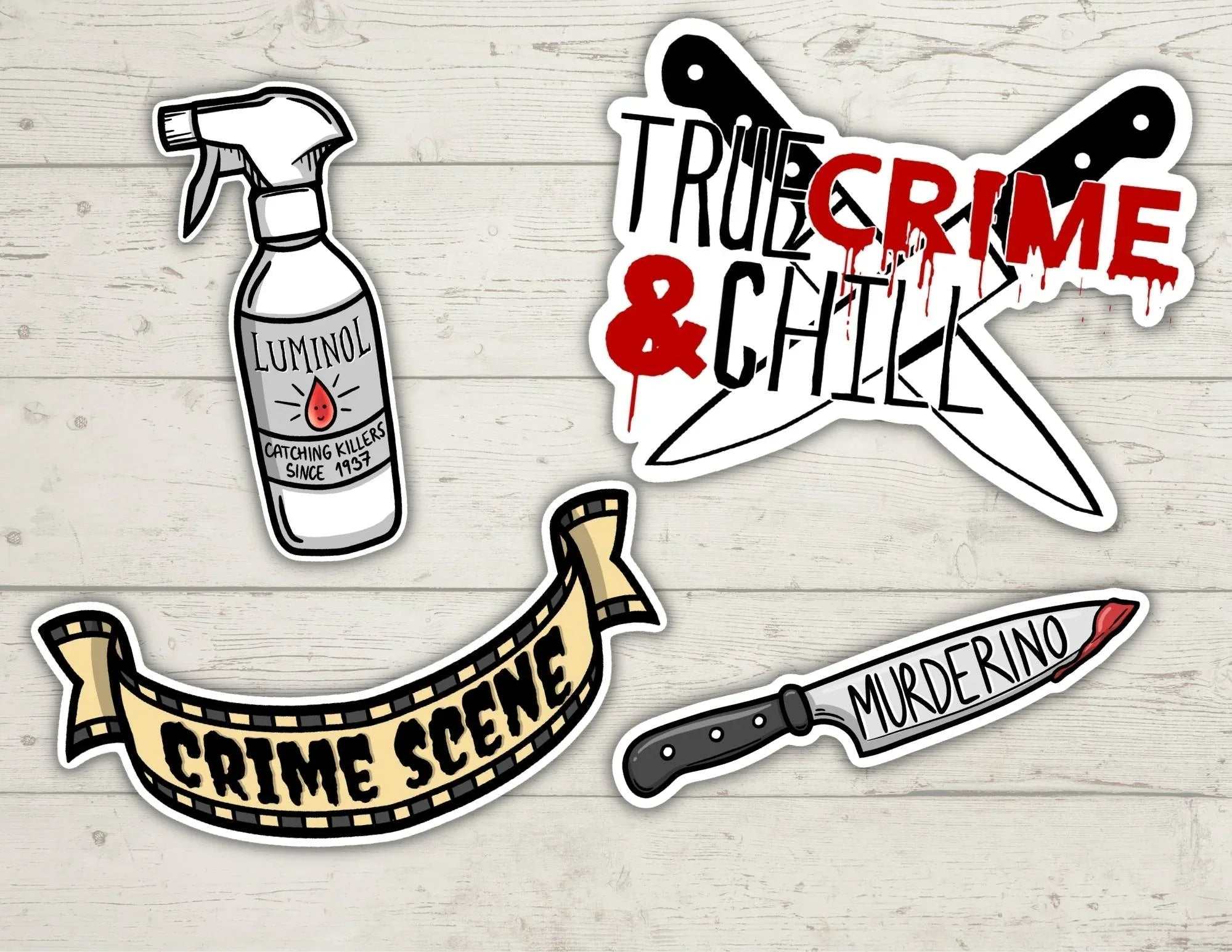 True Crime Murderino 4 sticker bundle featuring knife, chill, crime scene tape, and luminol designs