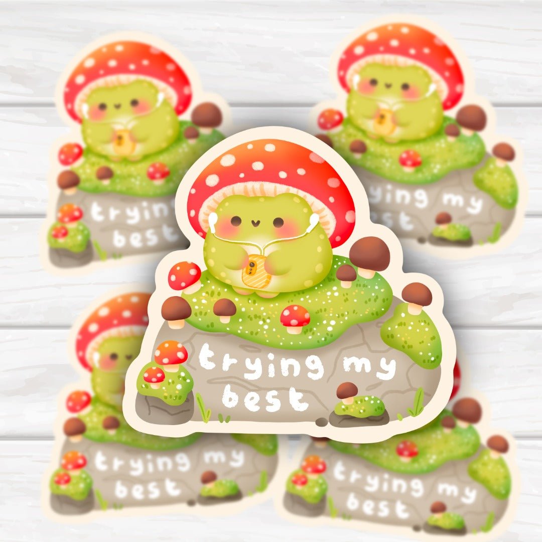 Trying My Best Adorable Kawaii Frog and Mushrooms Cottage Core Sticker - HoneySkunk