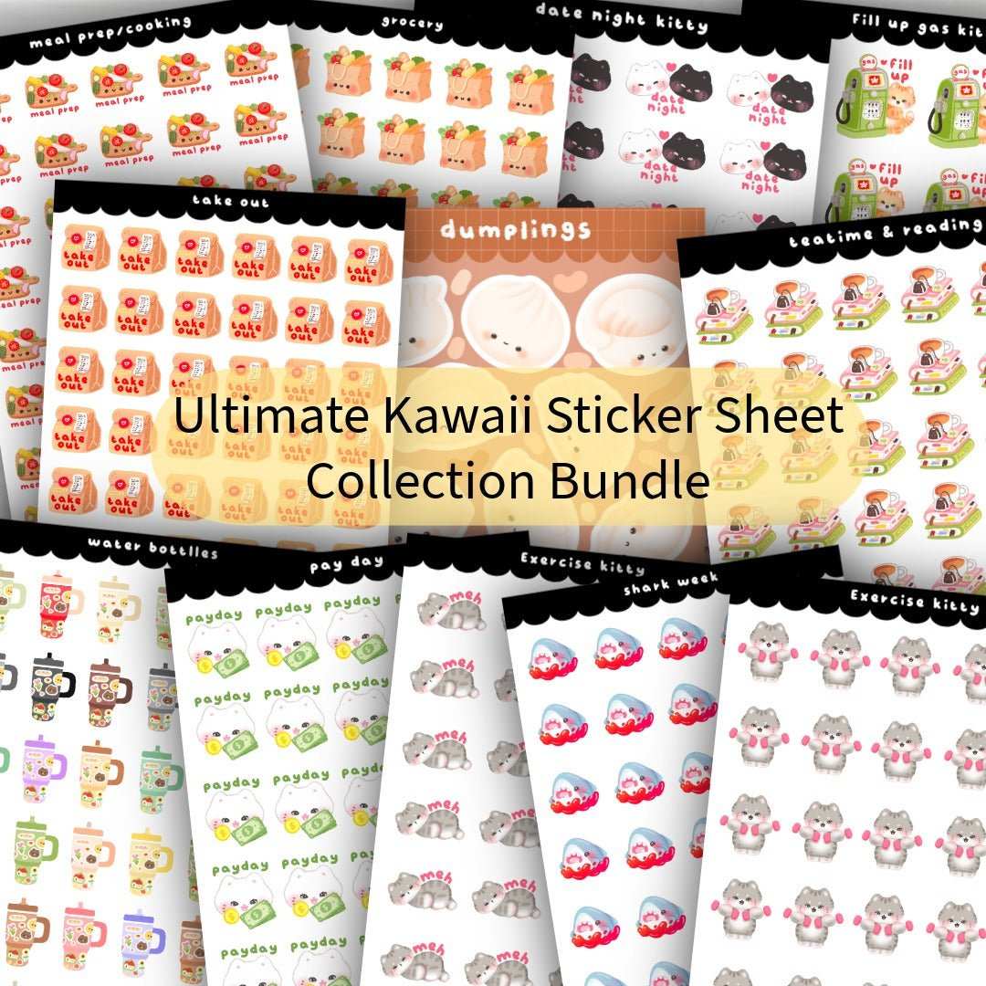 Ultimate Kawaii sticker sheet collection featuring 12+ colorful, cute planner and stationery stickers including fitness kitties and grocery bags