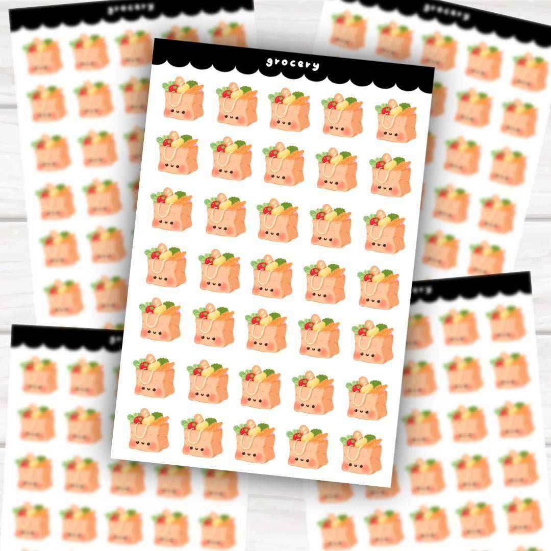 Collection of 12+ kawaii sticker sheets featuring fitness kitties, grocery bags, and cute functional designs for planners and stationery lovers