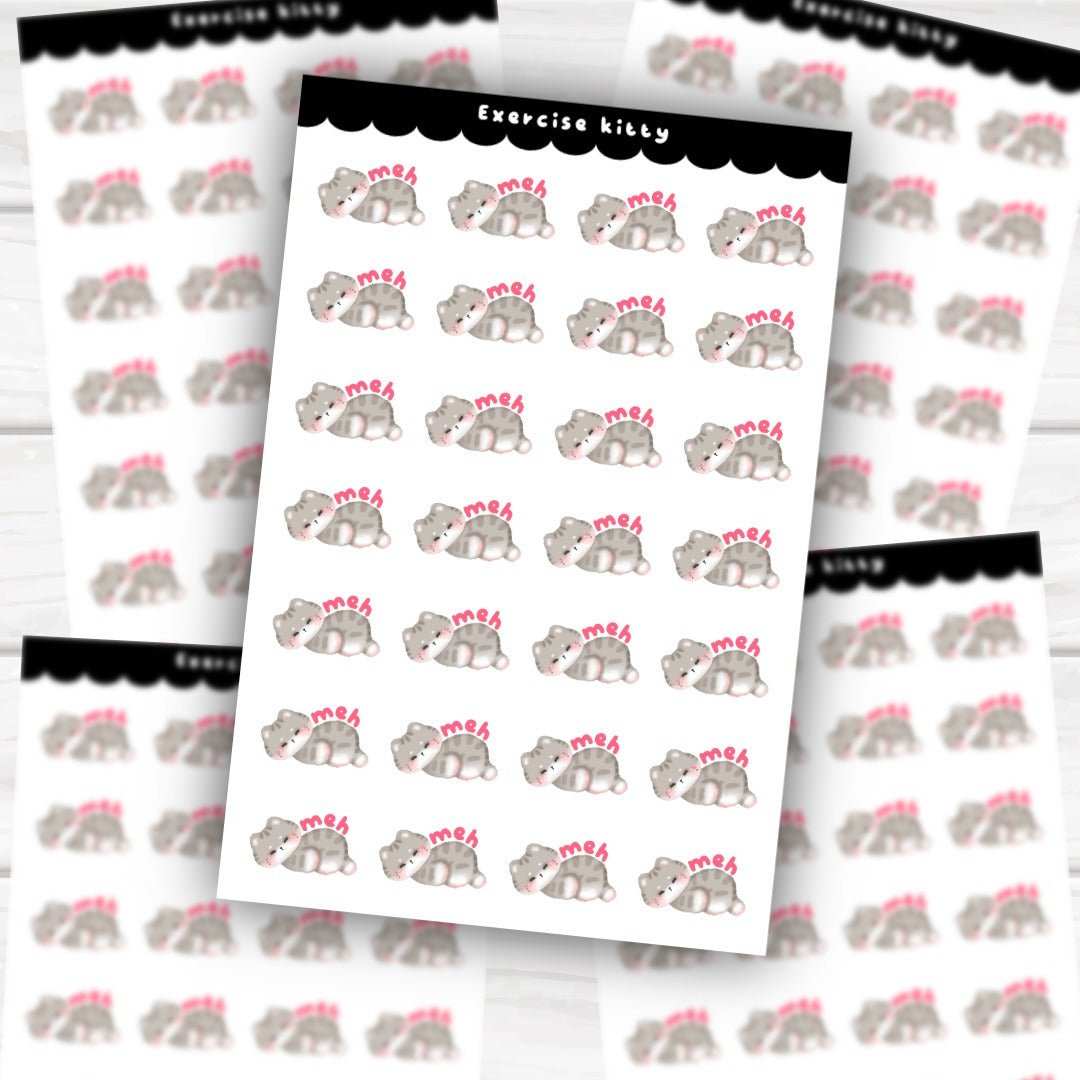 Collection of kawaii sticker sheets featuring cute kitties and functional designs in gloss and holographic finishes