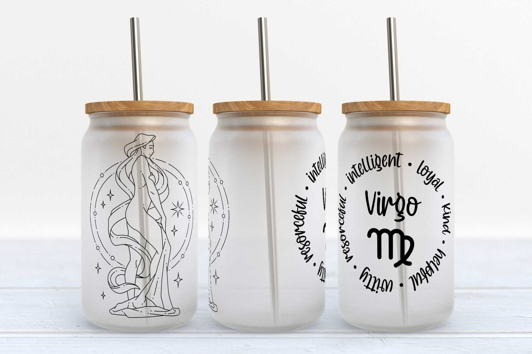 Virgo zodiac astrology stars design on 16 oz Libby glass beer can cup with straw and optional lids