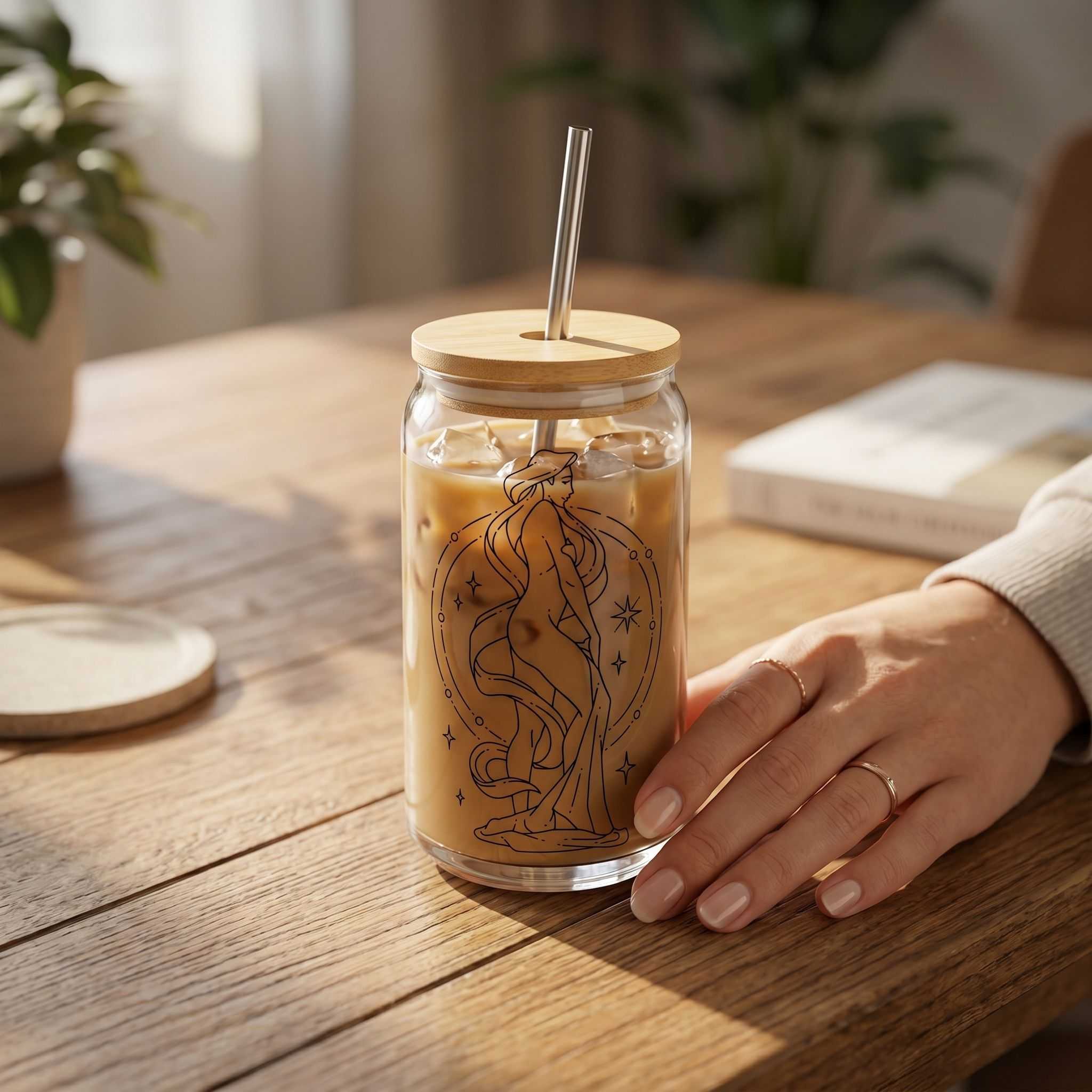 Close-up of Virgo Zodiac Stars Libby Glass Beer Can Cup 16oz highlighting sublimated design on smooth glass with natural wooden background.