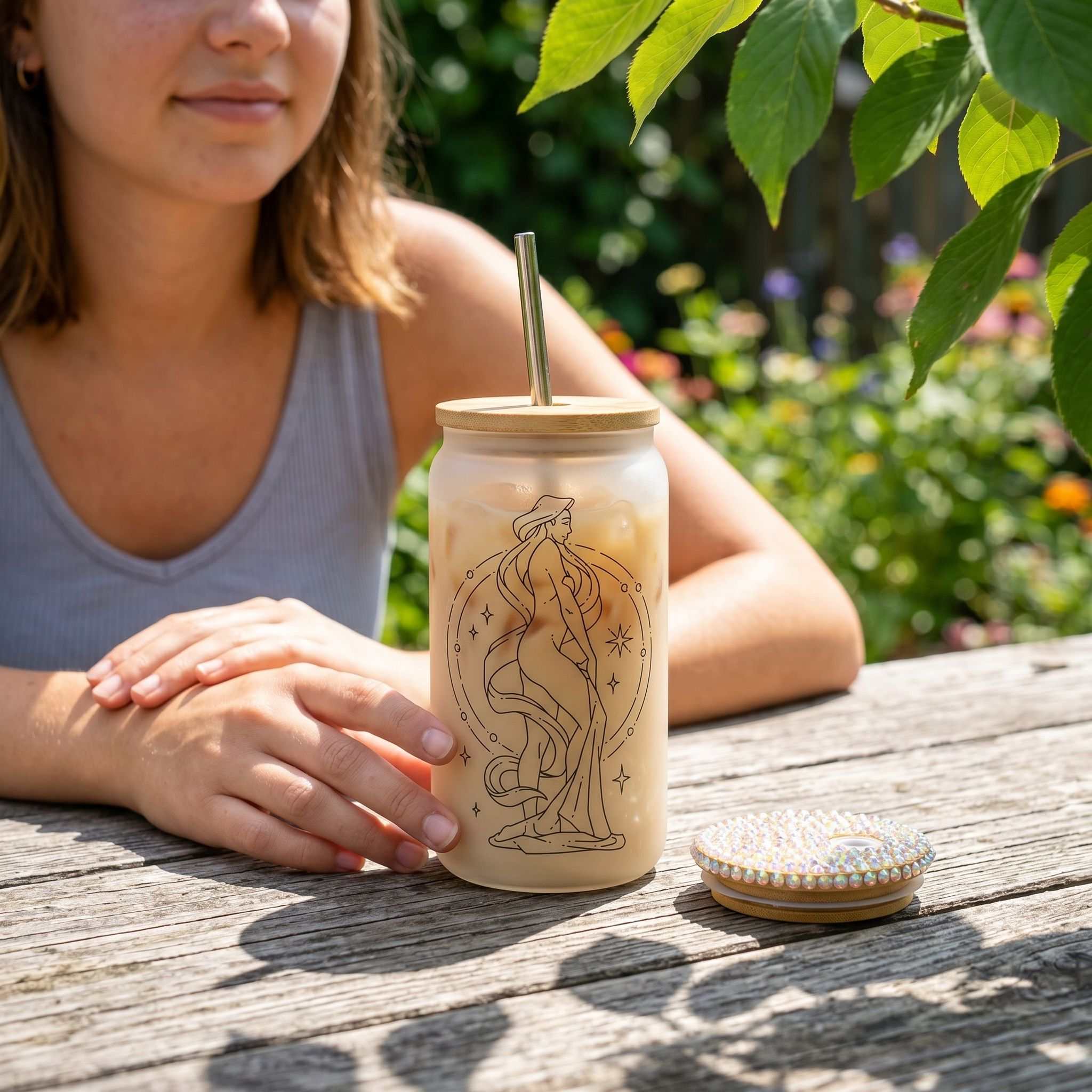 Full view of Virgo Zodiac Stars Libby Glass Beer Can Cup 16oz on rustic outdoor table with greenery and sunlight, casual vibe.