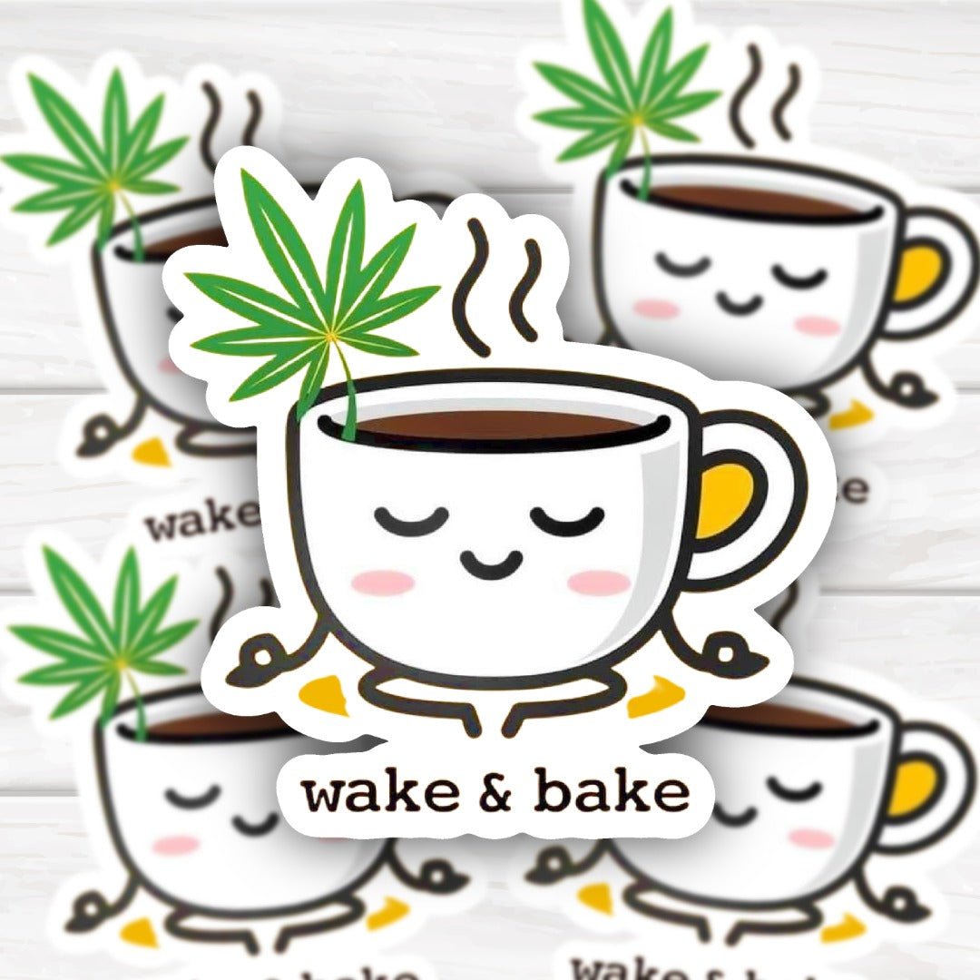Wake and Bake coffee and weed lover sticker with bold, durable design