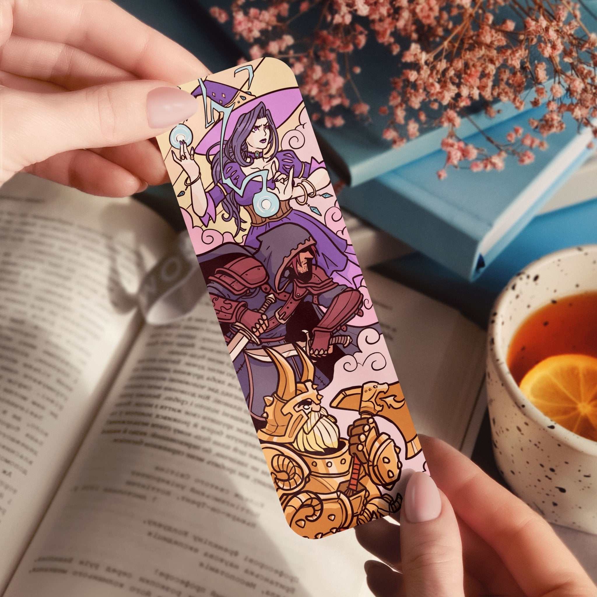 Warrior, rogue, and wizard fantasy reading bookmark with bold adventuring party artwork and holographic finish options