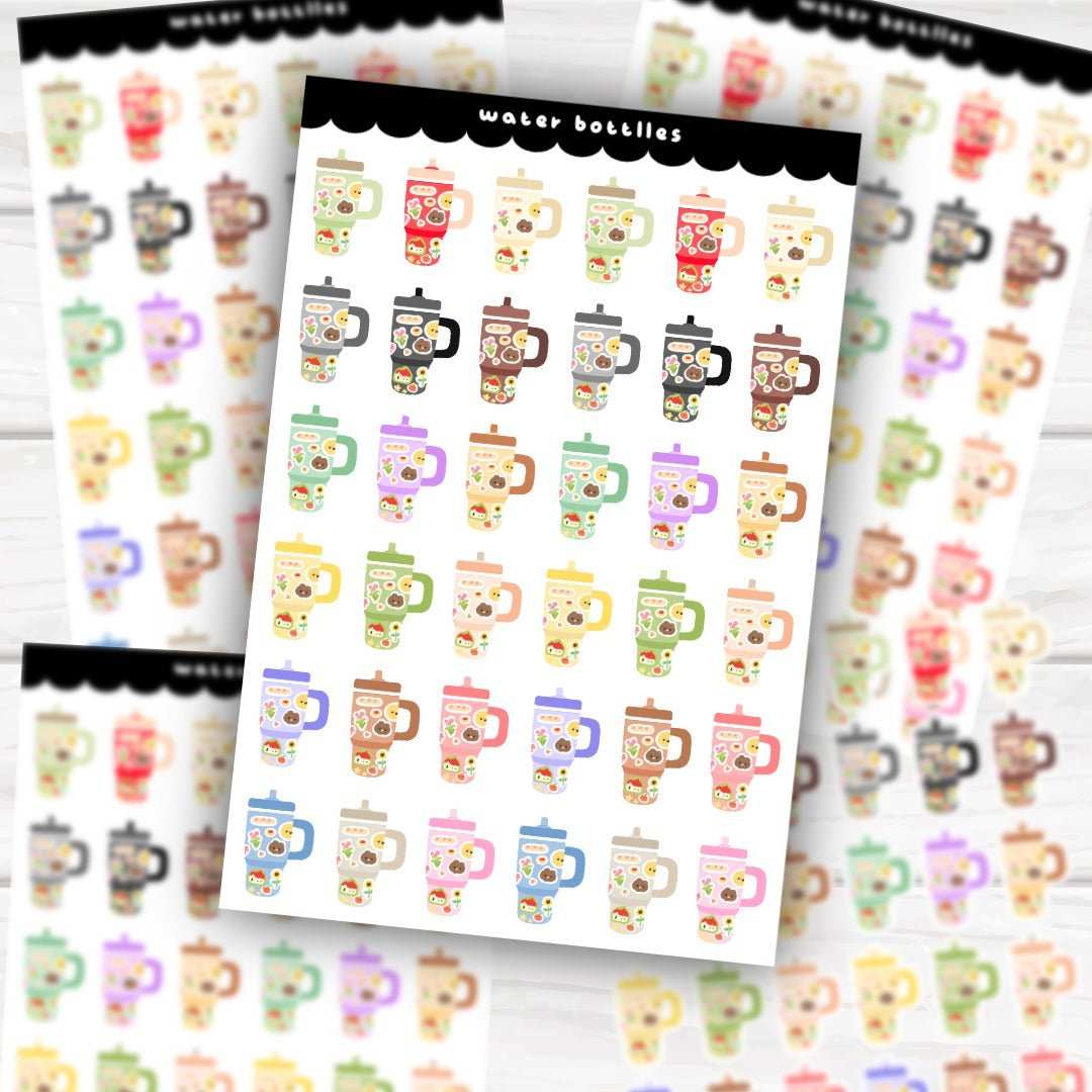 4x6 sticker sheet of colorful water bottle planner stickers with glossy and holographic finishes