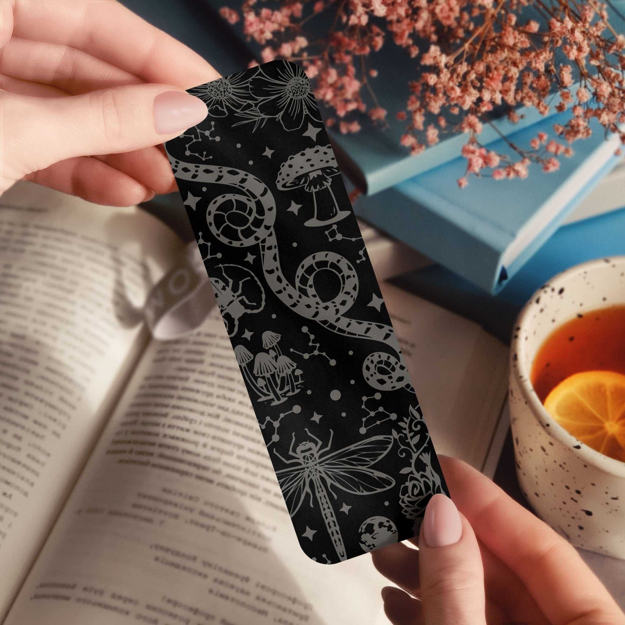 Witchcraft mushrooms bookmark with snake, insects, and floral mystical design
